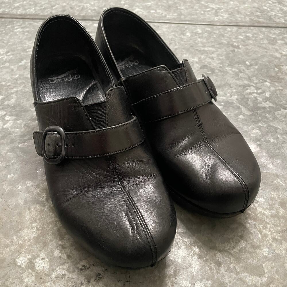 Dansko Tamara Leather Buckle Monk Strap Clog Womens 38 7.5 8 Black Comfort Shoes